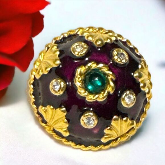 Vtg  GERARD YOSCA burgundy enamel gold plated round spherical clip earrings - Picture 4 of 8